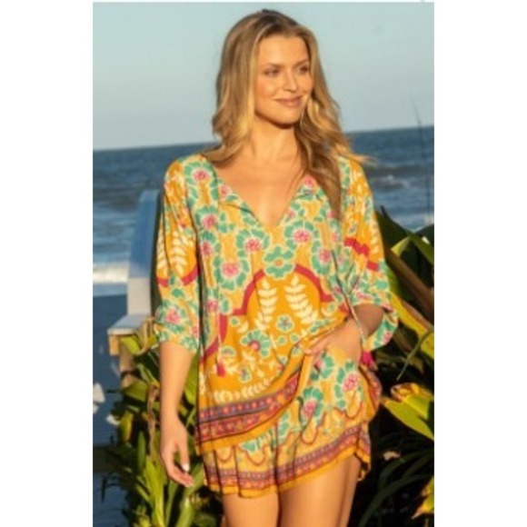 Natural Life Maribel Shorts Set Mustard Turquoise Boho Floral Top Outfit Large - Picture 1 of 9